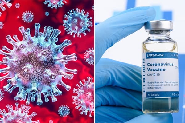 Graphic of SARS-CoV-2 virus and person holding vial of vaccine with blue gloves on.