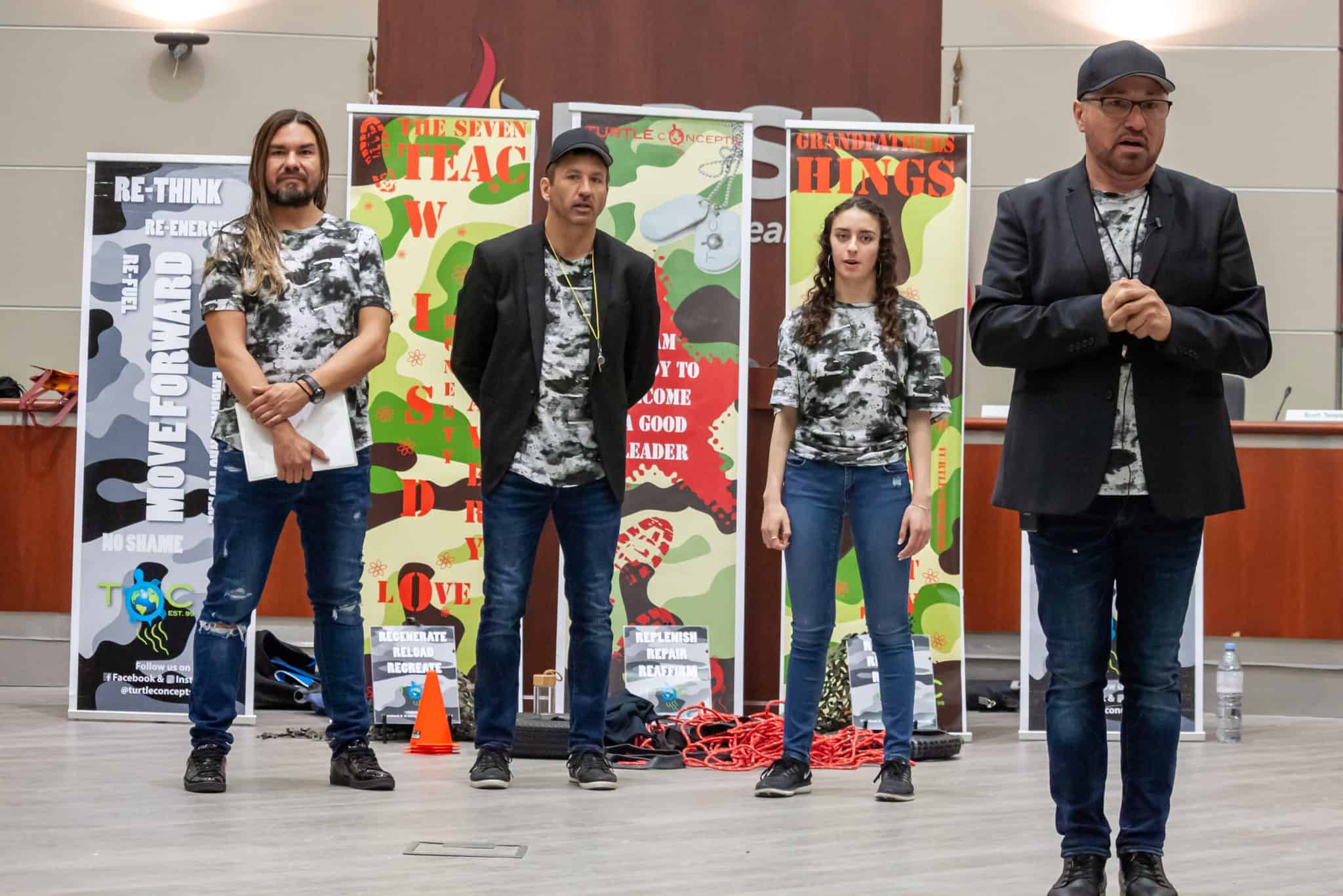Turtle Concepts helps students who self-identify as First Nation, Métis, or Inuit foster confidence and pride at the annual Indigenous Student Celebration Day. (L-R: Dan Jones, Dr. Scott Eliott, Savannah Soliman and Dave Jones)