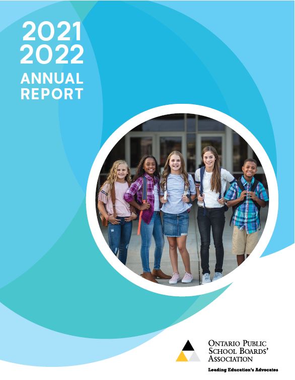 Cover of the OPSBA Annual Report. Text reads 2021-22 Annual Report, with an image of five students.